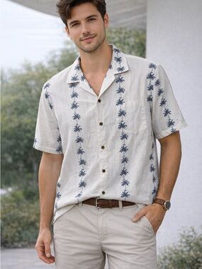 Pacific Legend Men White Palm Tree Print Short Sleeve 100% Cotton Button Up Sz M
